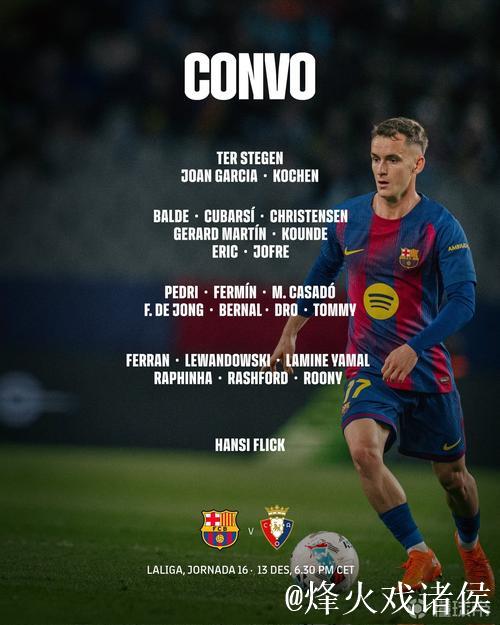 巴萨战奥萨苏纳大名单：莱万、亚马尔领衔，特狮在列，3C缺阵